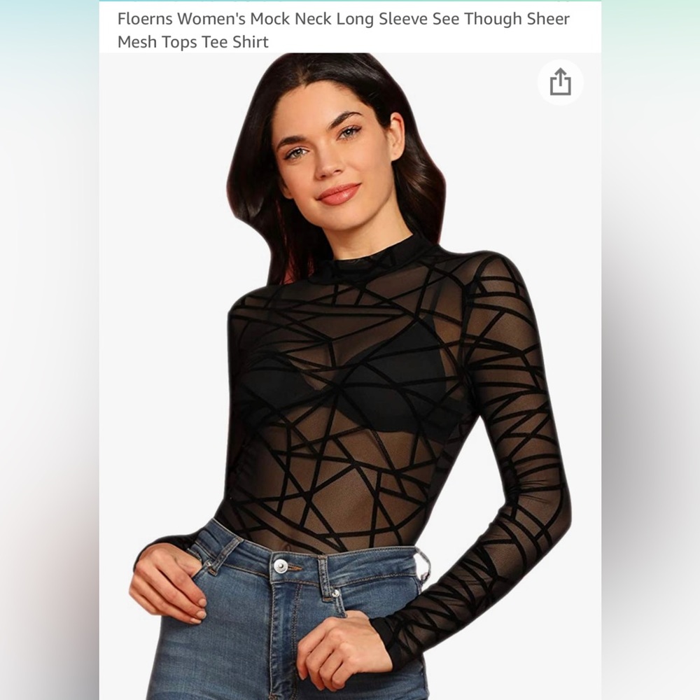 Floernz women’s mock neck long sleeve see through sheer mesh top teeshirt size l